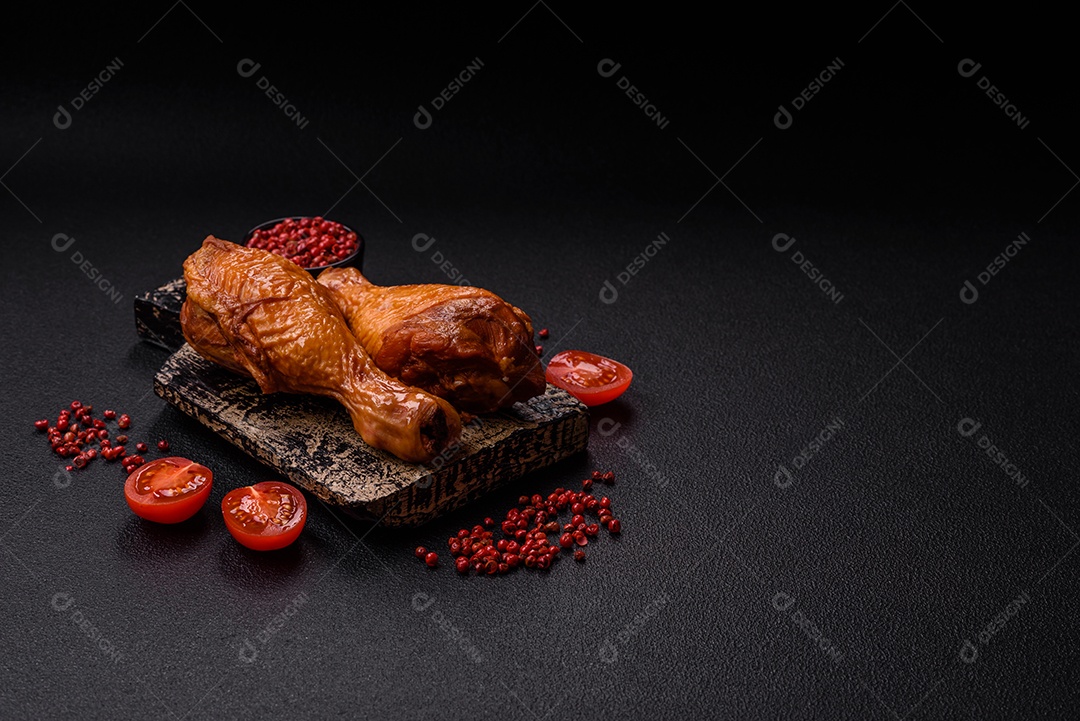 Deliciosas pernas de frango assadas na grelha com sal, especiarias e ervas sobre um fundo de concreto texturizado