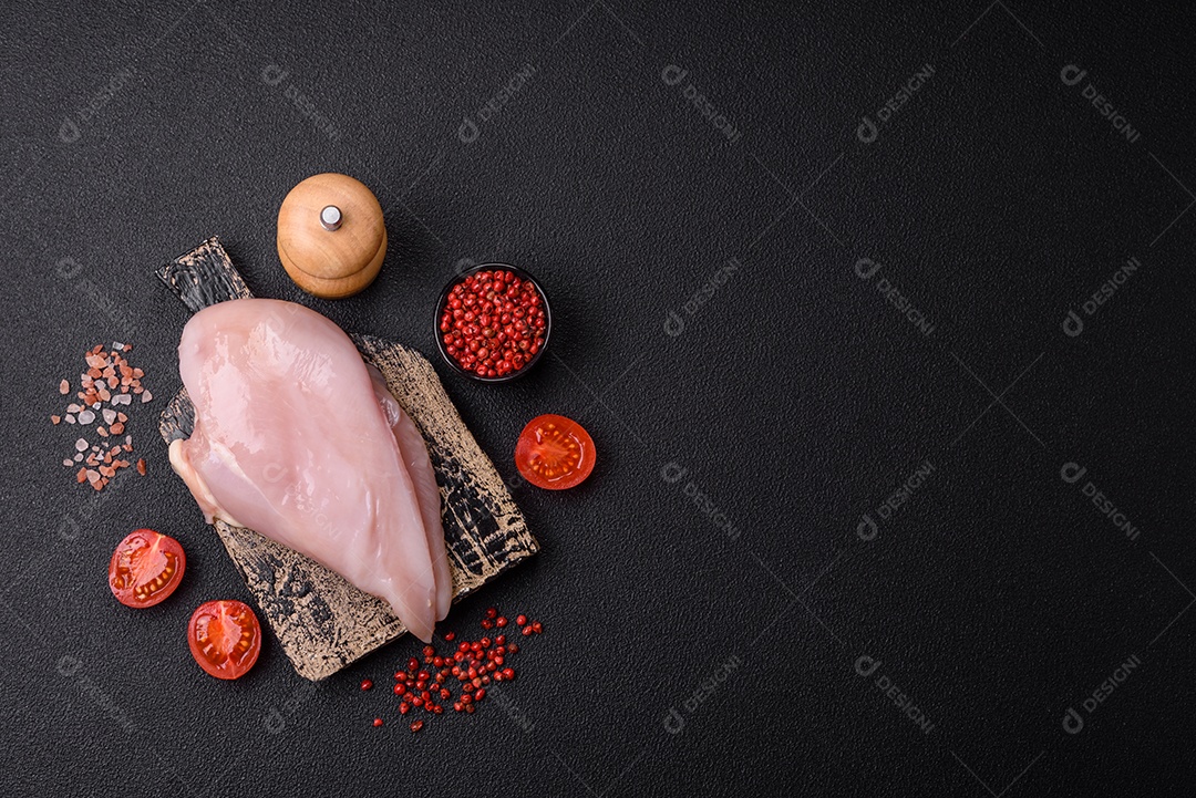 Filé de frango fresco sobre uma mesa de concreto escuro com especiarias e ervas. Preparação para cozinhar pratos de carne