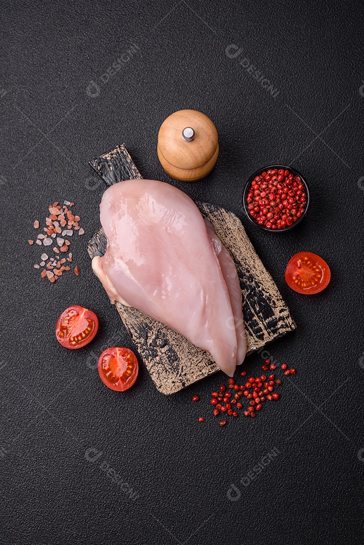 Filé de frango fresco sobre uma mesa de concreto escuro com especiarias e ervas. Preparação para cozinhar pratos de carne