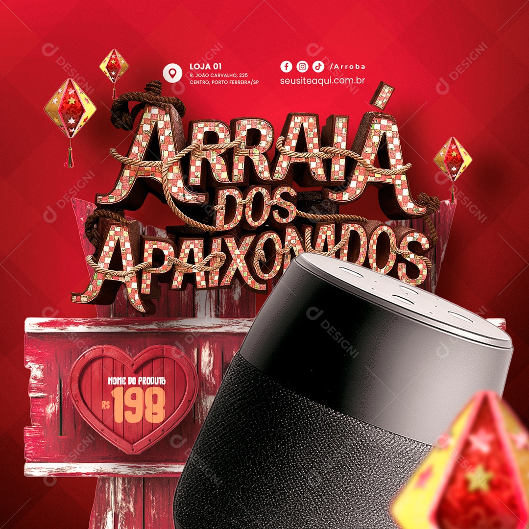 Arraiá dos Apaixonados Presentes Caixinha de Som Social Media PSD Editável