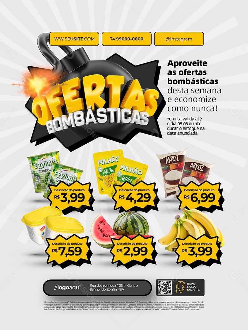 Supermercado Ofertas Bombásticas Encarte Ervilha Milho e Arroz Social Media PSD Editável