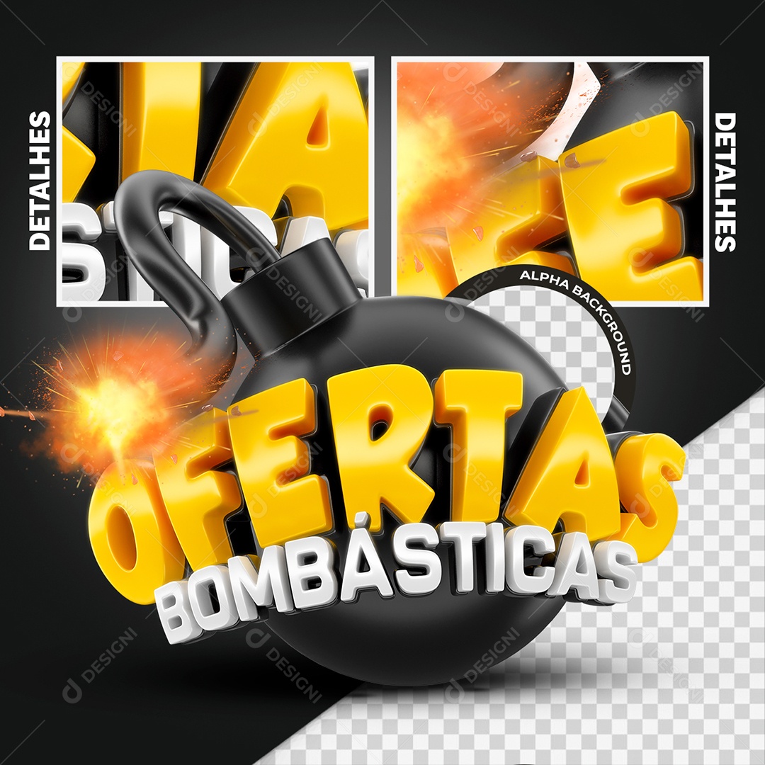 Ofertas Bombásticas Selo 3D Amarelo e Branco para Composição PSD
