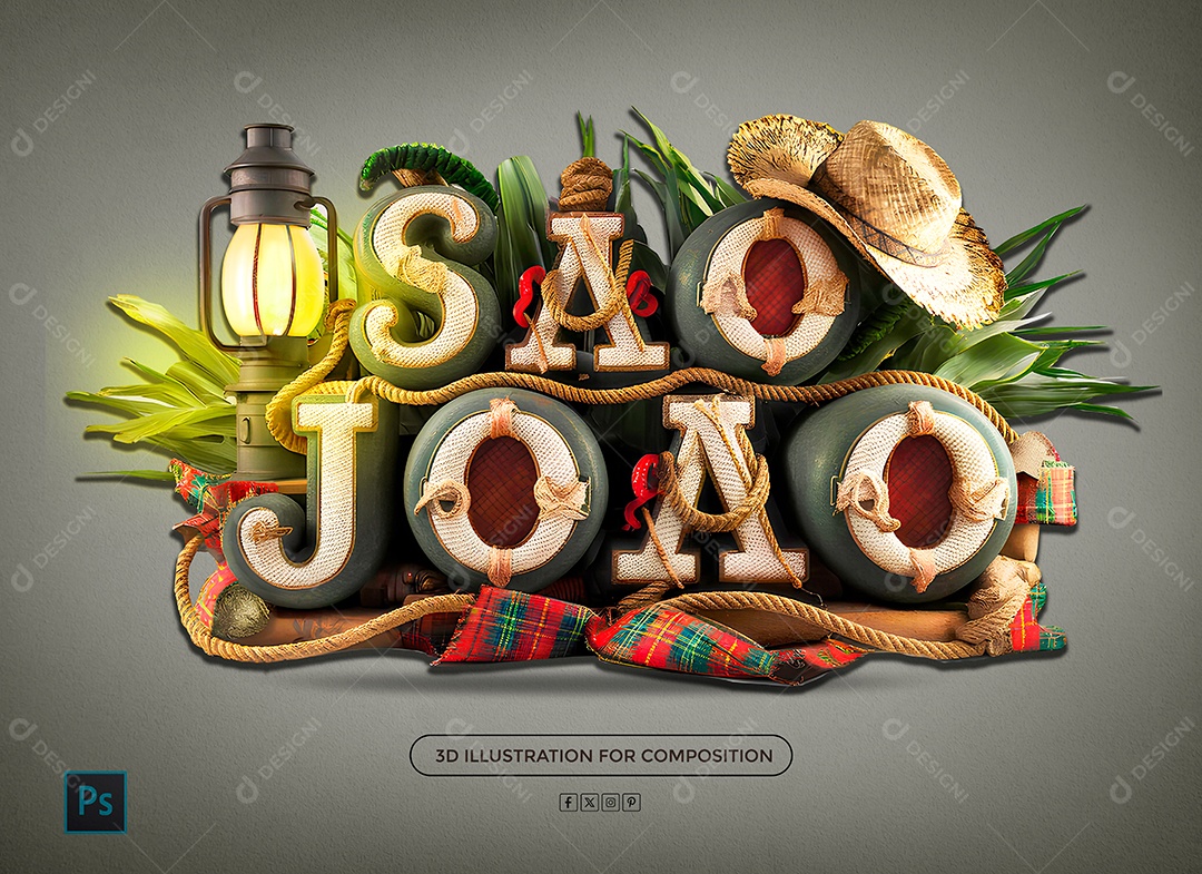 São João Selo 3D Branco e Cinza para Composição PSD