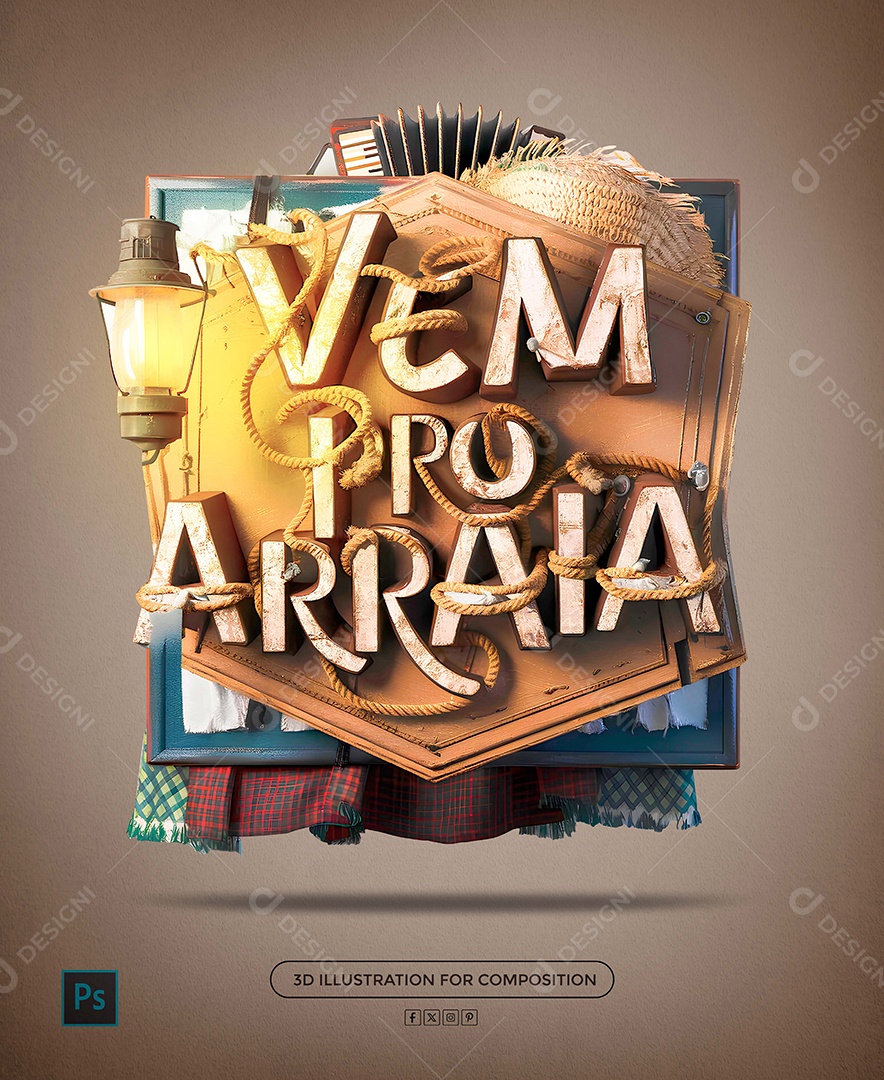 Vem Pro Arraiá Selo 3D para Composição PSD