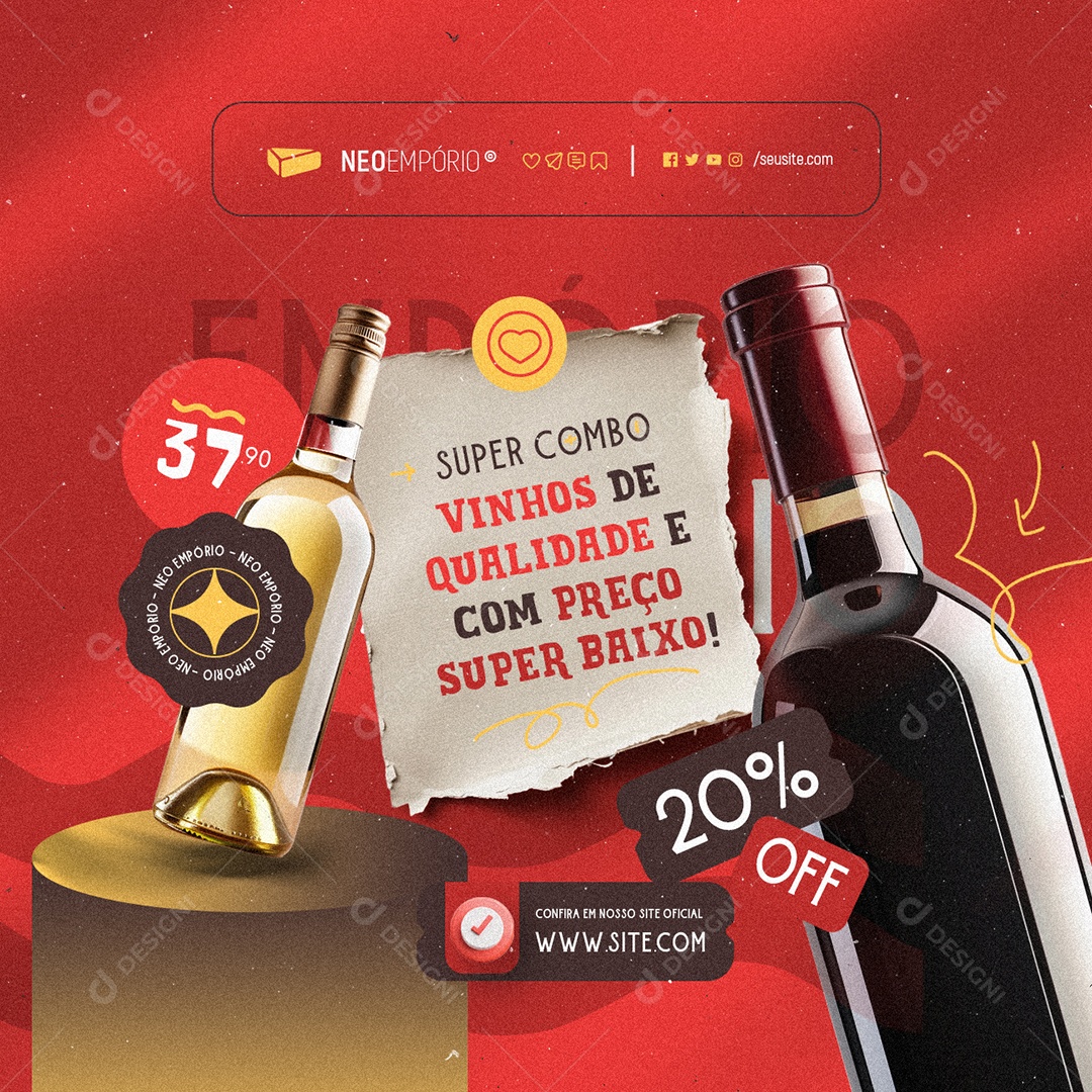 Empório Queijo Super Promo Vinhos de Qualidade 20% Off Social Media PSD Editável