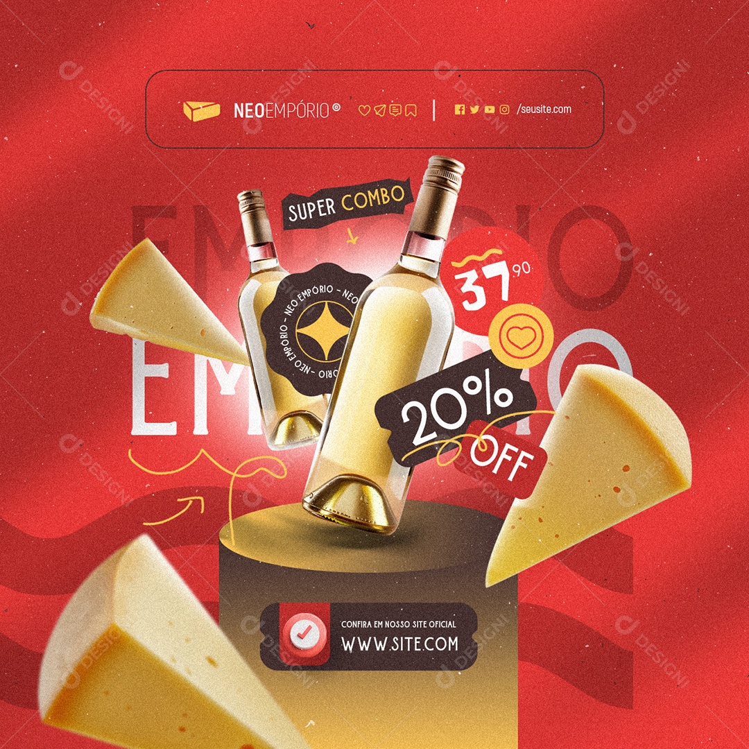 Empório Queijo Super Promo Vinho e Queijo 20% Off Social Media PSD Editável