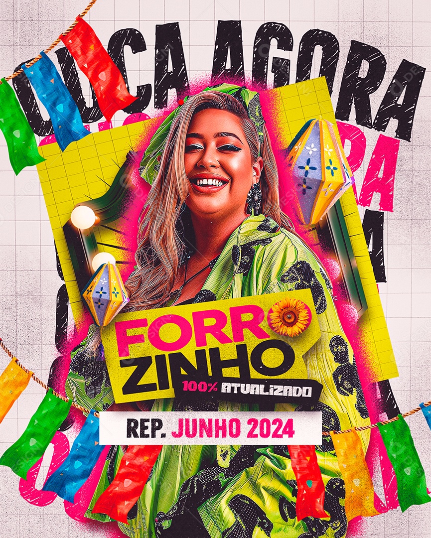 Flyer Ouça Agora Forrozinho 100% Atualizado São João Social Media PSD Editável