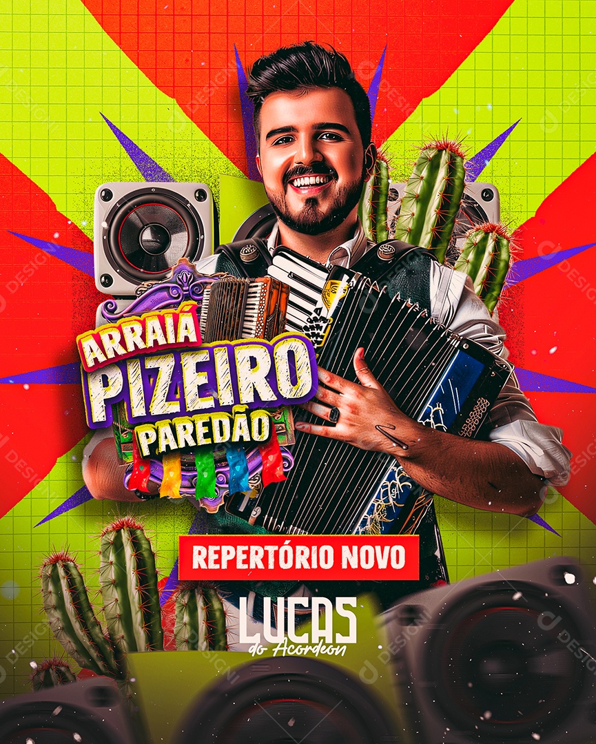 Flyer Arraiá Pizeiro Paredão Repertório Novo Lucas do Acordeon Social Media PSD Editável