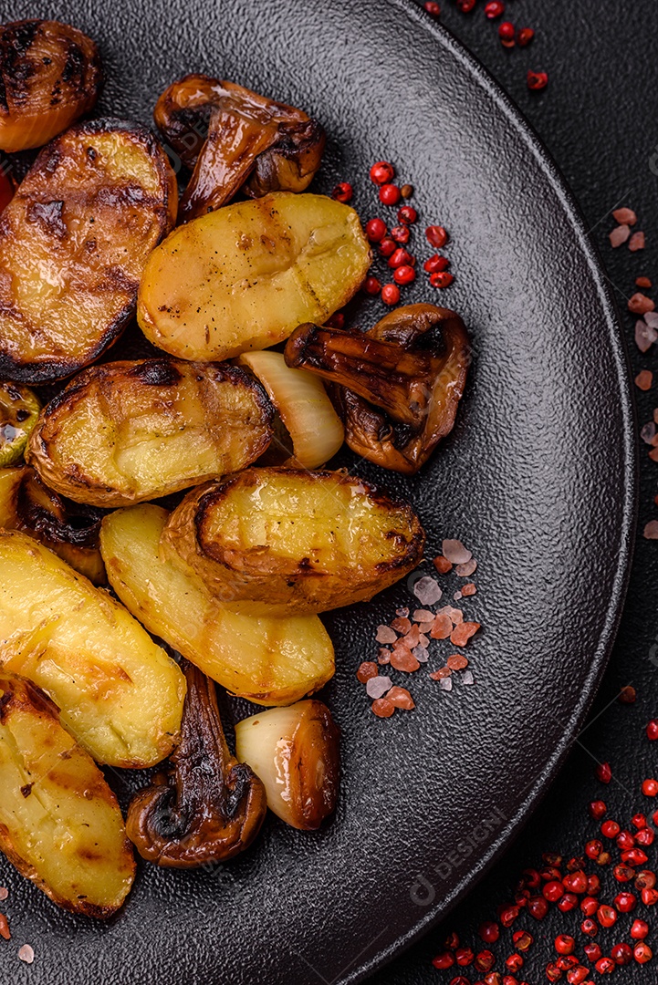 Deliciosos legumes grelhados, batatas, tomates, pimentões, berinjela com sal, especiarias e ervas em um fundo escuro de concreto