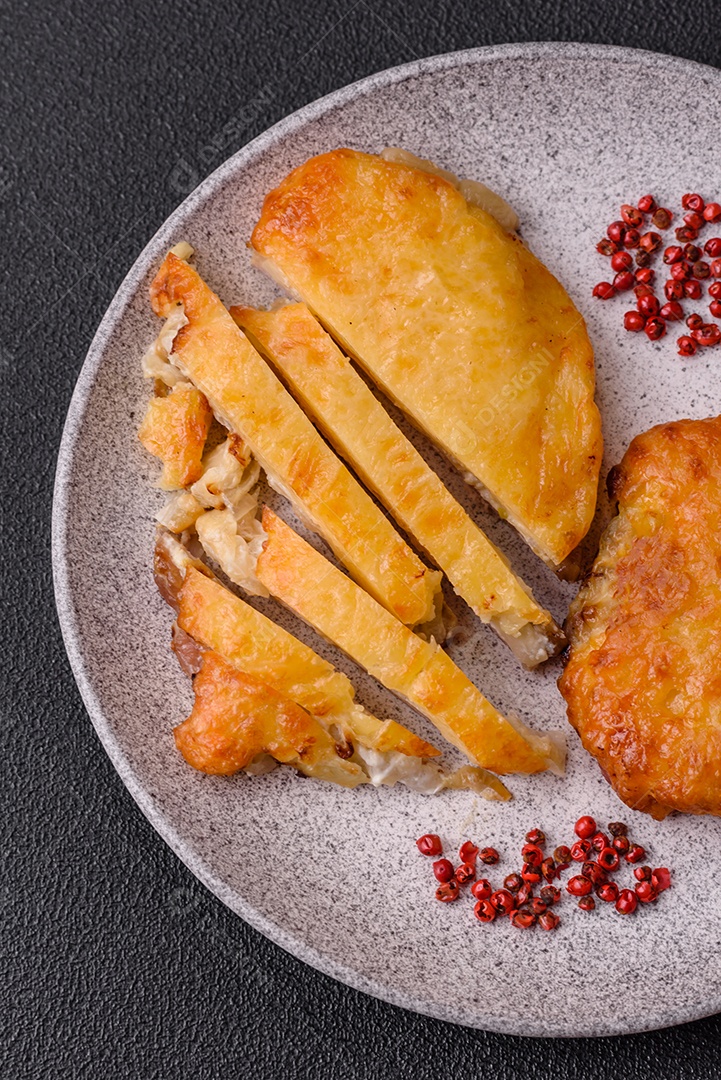Deliciosa carne frita com mostarda Dijon com sal, especiarias e ervas sobre fundo escuro de concreto