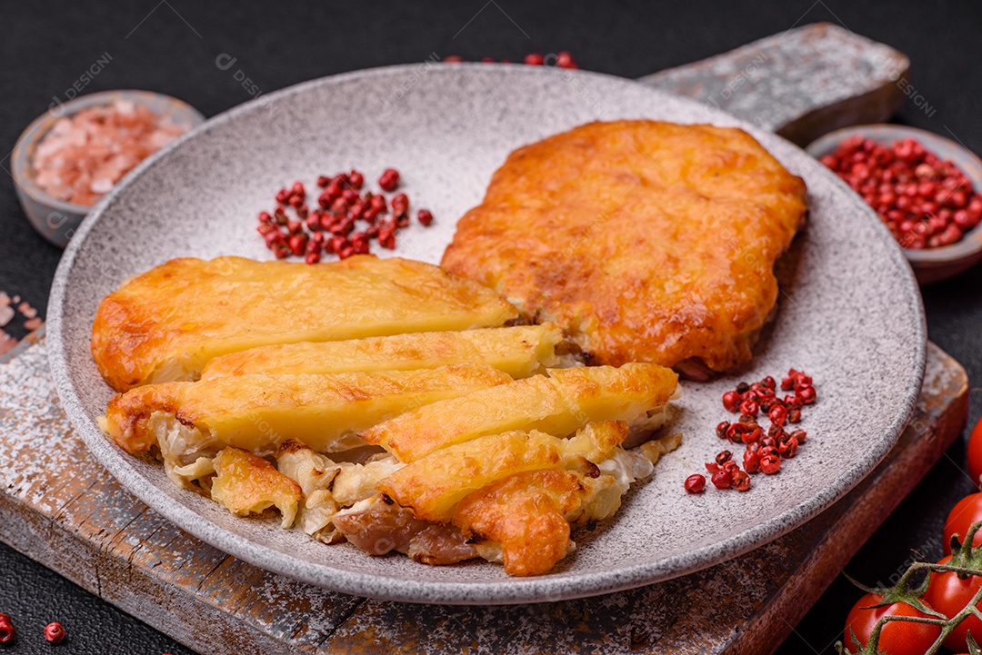 Deliciosa carne frita com mostarda Dijon com sal, especiarias e ervas sobre fundo escuro de concreto