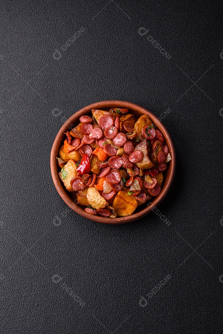 Deliciosos legumes grelhados, batatas, tomates, pimentões, berinjela com sal, especiarias e ervas em um fundo escuro de concreto