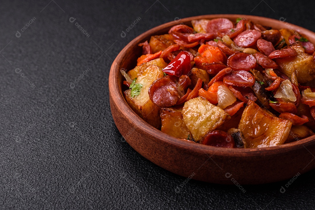 Deliciosos legumes grelhados, batatas, tomates, pimentões, berinjela com sal, especiarias e ervas em um fundo escuro de concreto