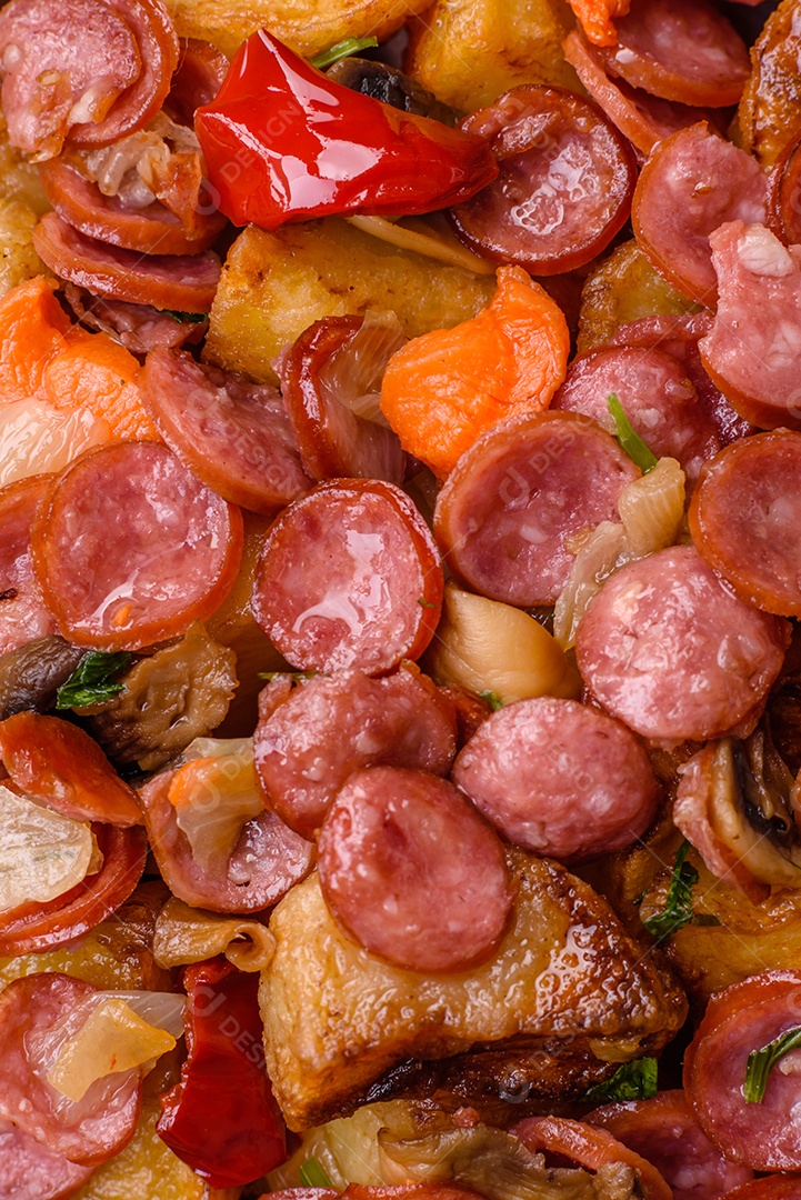 Deliciosos legumes grelhados, batatas, tomates, pimentões, berinjela com sal, especiarias e ervas em um fundo escuro de concreto