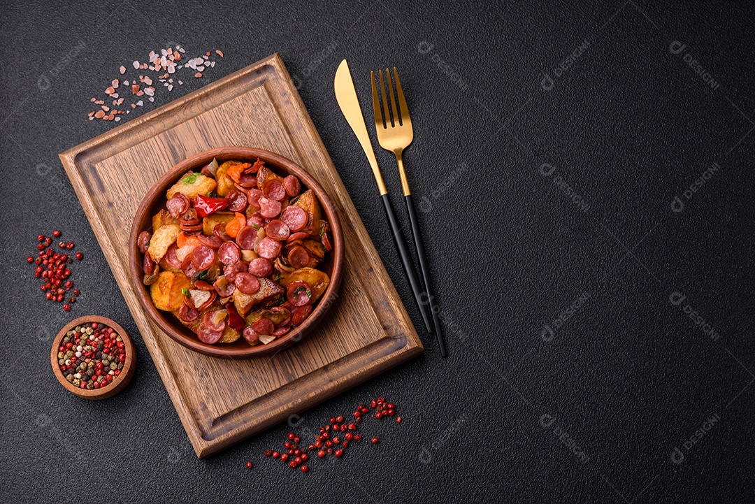 Deliciosos legumes grelhados, batatas, tomates, pimentões, berinjela com sal, especiarias e ervas em um fundo escuro de concreto