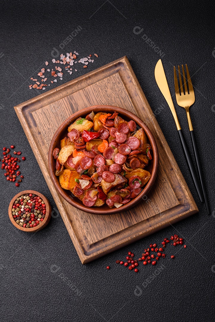 Deliciosos legumes grelhados, batatas, tomates, pimentões, berinjela com sal, especiarias e ervas em um fundo escuro de concreto