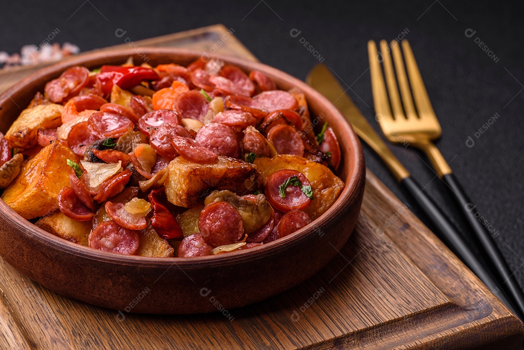 Deliciosos legumes grelhados, batatas, tomates, pimentões, berinjela com sal, especiarias e ervas em um fundo escuro de concreto