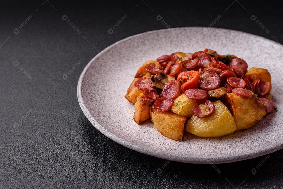 Deliciosos legumes grelhados, batatas, tomates, pimentões, berinjela com sal, especiarias e ervas em um fundo escuro de concreto