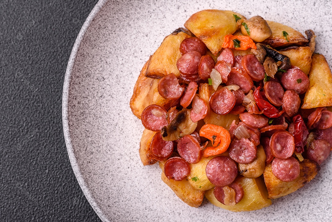 Deliciosos legumes grelhados, batatas, tomates, pimentões, berinjela com sal, especiarias e ervas em um fundo escuro de concreto