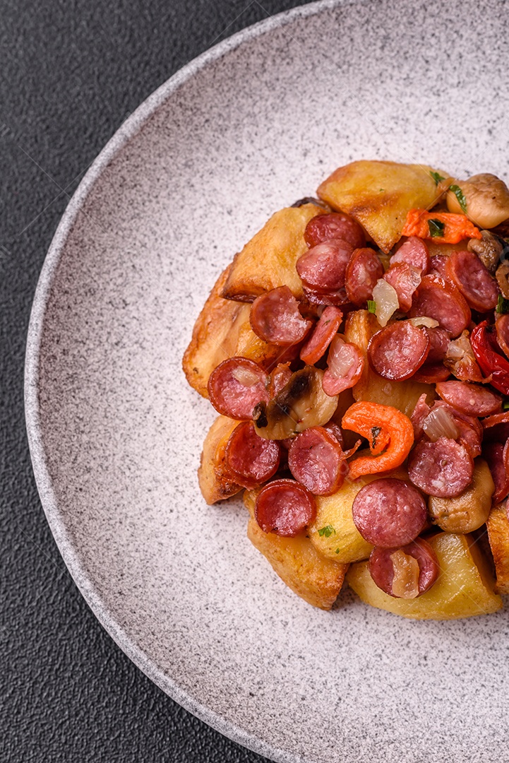 Deliciosos legumes grelhados, batatas, tomates, pimentões, berinjela com sal, especiarias e ervas em um fundo escuro de concreto