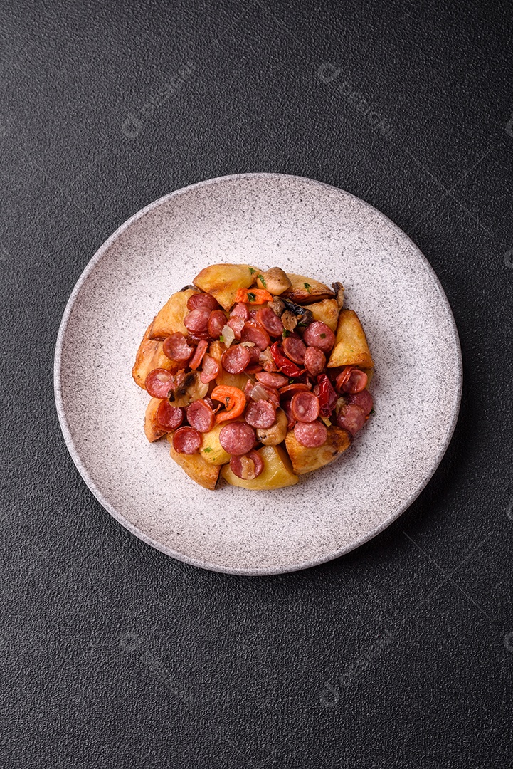 Deliciosos legumes grelhados, batatas, tomates, pimentões, berinjela com sal, especiarias e ervas em um fundo escuro de concreto