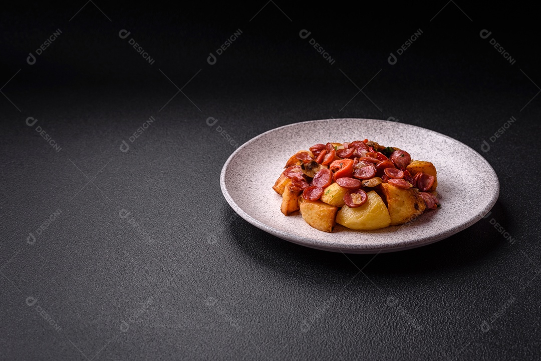 Deliciosos legumes grelhados, batatas, tomates, pimentões, berinjela com sal, especiarias e ervas em um fundo escuro de concret