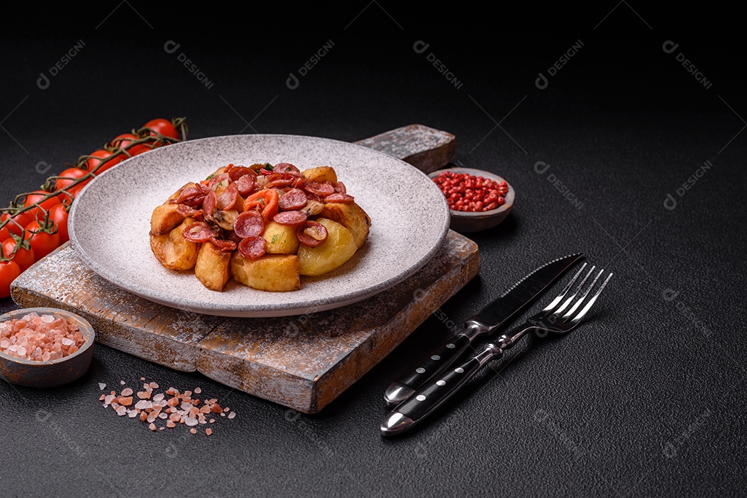 Deliciosos legumes grelhados, batatas, tomates, pimentões, berinjela com sal, especiarias e ervas em um fundo escuro de concreto