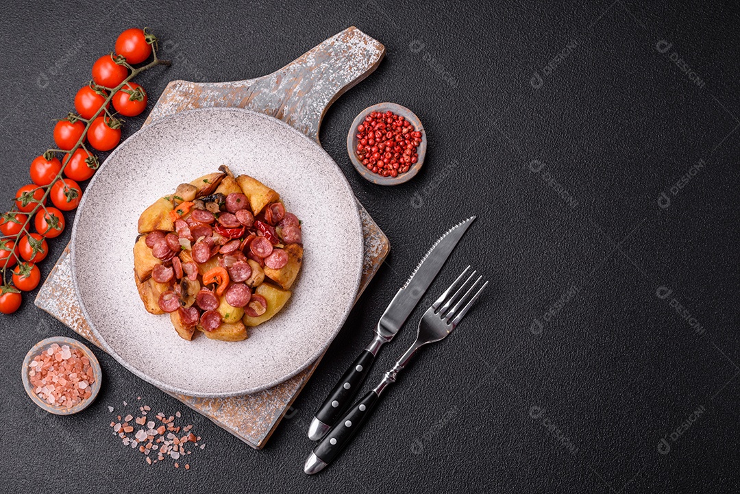 Deliciosos legumes grelhados, batatas, tomates, pimentões, berinjela com sal, especiarias e ervas em um fundo escuro de concret