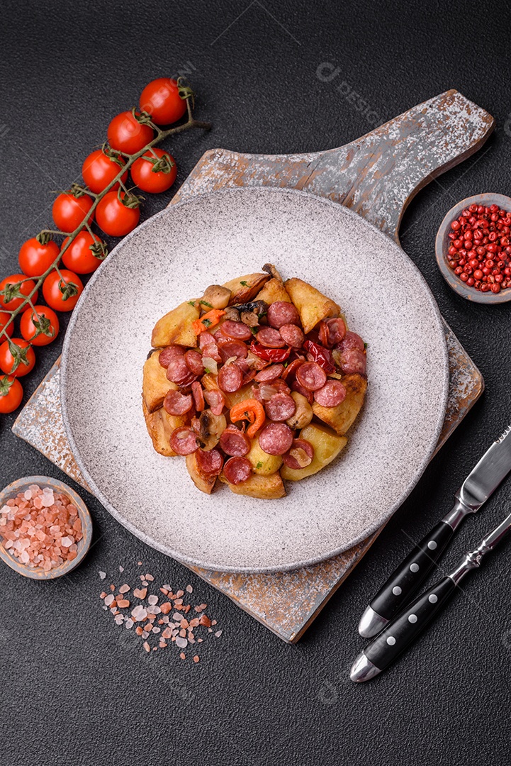 Deliciosos legumes grelhados, batatas, tomates, pimentões, berinjela com sal, especiarias e ervas em um fundo escuro de concret