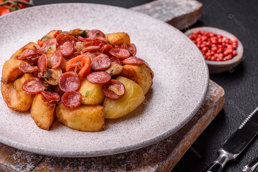 Deliciosos legumes grelhados, batatas, tomates, pimentões, berinjela com sal, especiarias e ervas em um fundo escuro de concreto