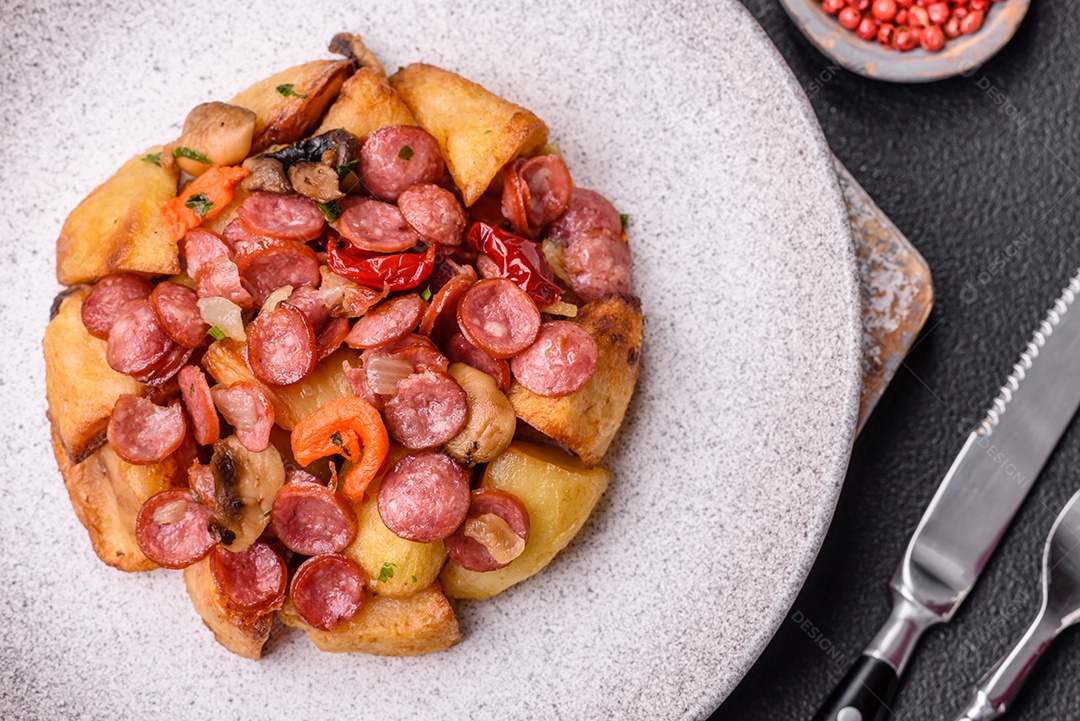 Deliciosos legumes grelhados, batatas, tomates, pimentões, berinjela com sal, especiarias e ervas em um fundo escuro de concreto