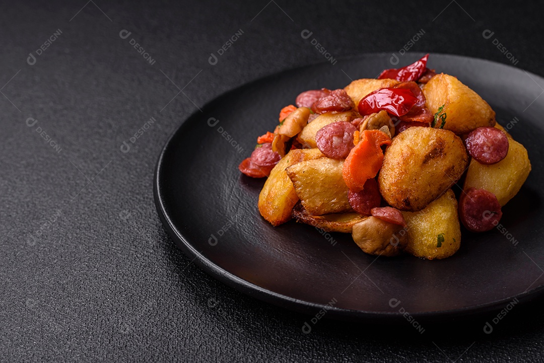 Deliciosos legumes grelhados, batatas, tomates, pimentões, berinjela com sal, especiarias e ervas em um fundo escuro de concreto