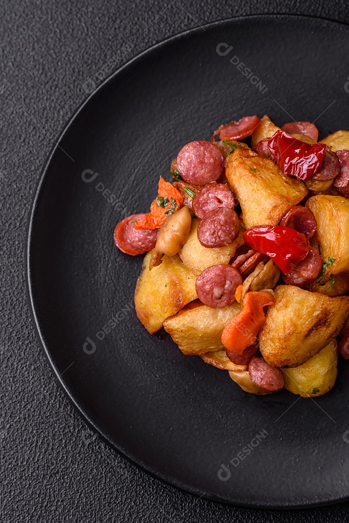 Deliciosos legumes grelhados, batatas, tomates, pimentões, berinjela com sal, especiarias e ervas em um fundo escuro de concreto