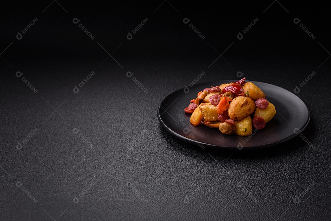 Deliciosos legumes grelhados, batatas, tomates, pimentões, berinjela com sal, especiarias e ervas em um fundo escuro de concreto