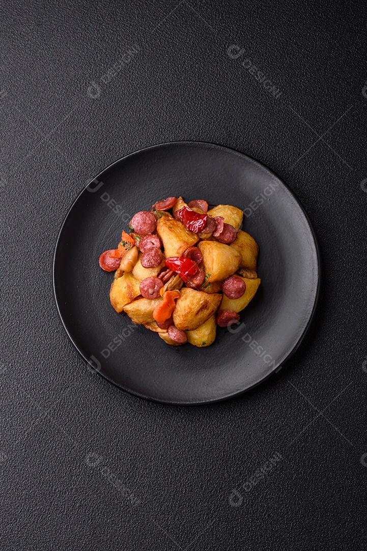 Deliciosos legumes grelhados, batatas, tomates, pimentões, berinjela com sal, especiarias e ervas em um fundo escuro de concreto