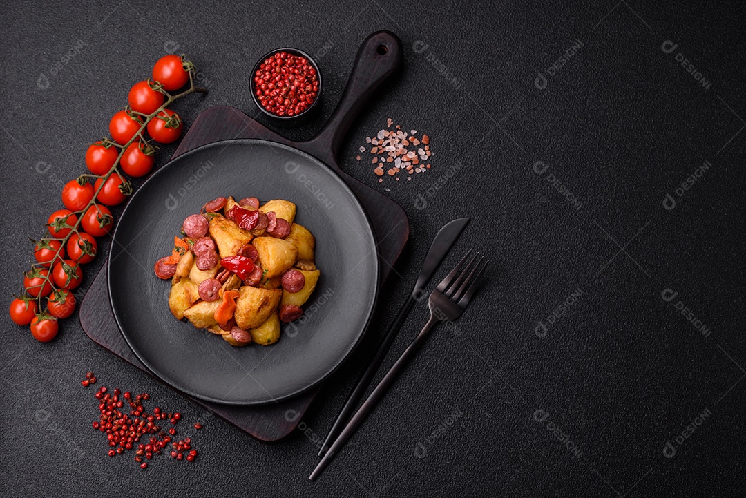 Deliciosos legumes grelhados, batatas, tomates, pimentões, berinjela com sal, especiarias e ervas em um fundo escuro de concreto