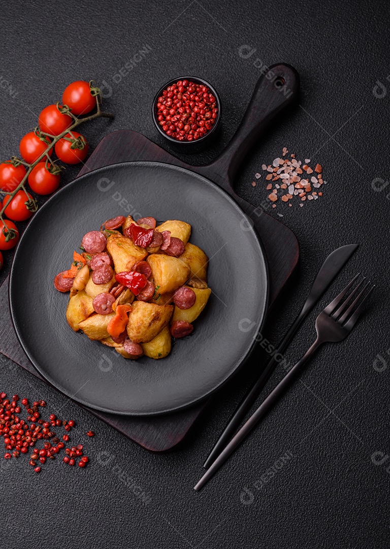 Deliciosos legumes grelhados, batatas, tomates, pimentões, berinjela com sal, especiarias e ervas em um fundo escuro de concreto