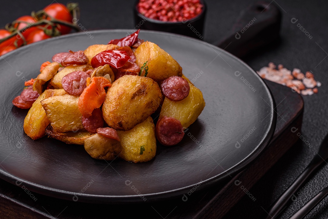 Deliciosos legumes grelhados, batatas, tomates, pimentões, berinjela com sal, especiarias e ervas em um fundo escuro de concreto