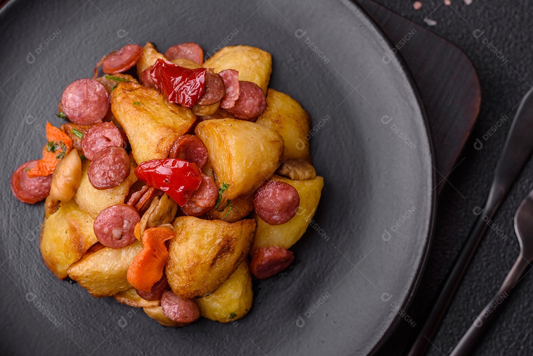 Deliciosos legumes grelhados, batatas, tomates, pimentões, berinjela com sal, especiarias e ervas em um fundo escuro de concreto