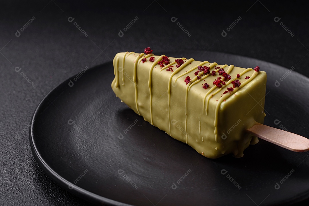 Delicioso cheesecake doce com frutas cobertas de glacê com uma vara de madeira sobre um fundo escuro de concreto