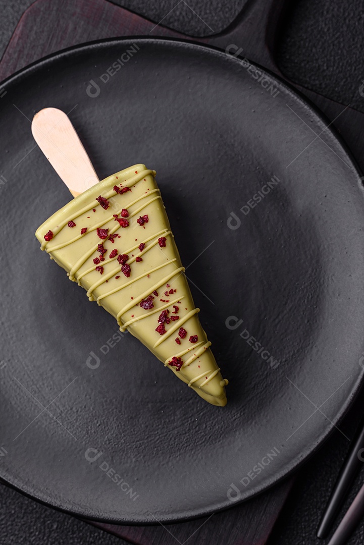 Delicioso cheesecake doce com frutas cobertas de glacê com uma vara de madeira sobre um fundo escuro de concreto