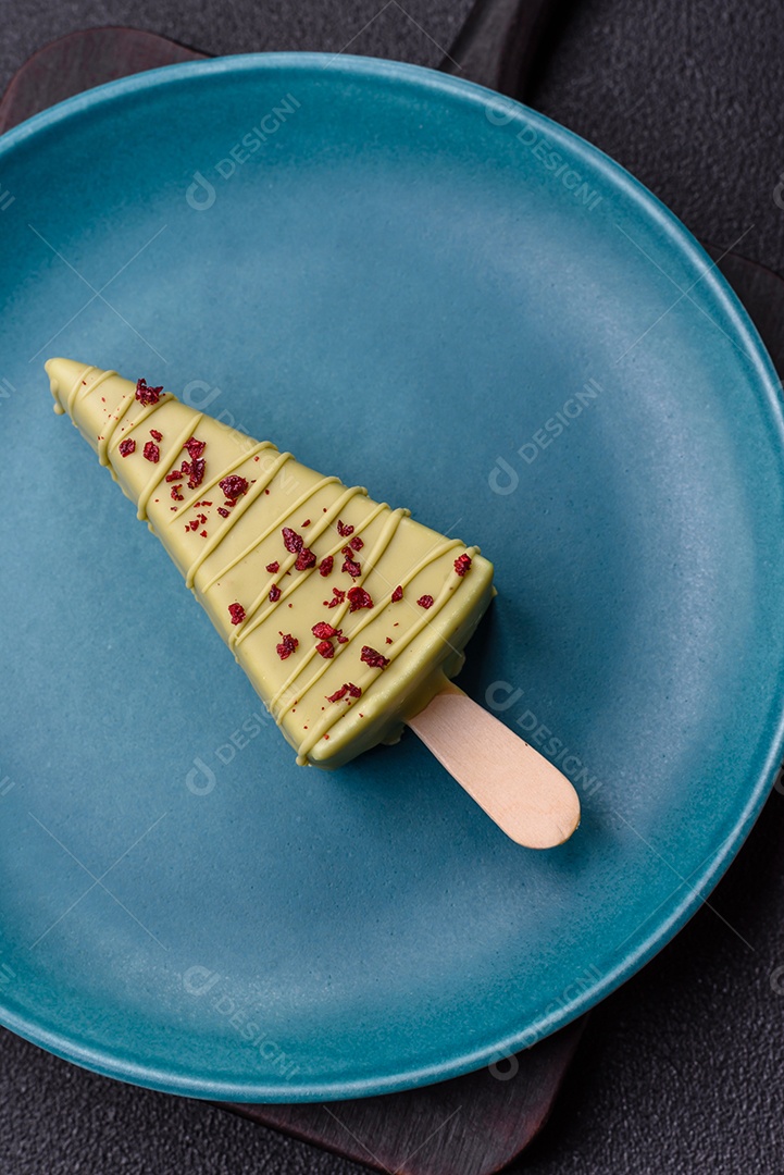 Delicioso cheesecake doce com frutas cobertas de glacê com uma vara de madeira sobre um fundo escuro de concreto