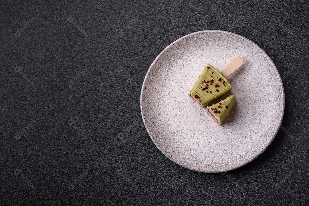 Delicioso cheesecake doce com frutas cobertas de glacê com uma vara de madeira sobre um fundo escuro de concreto