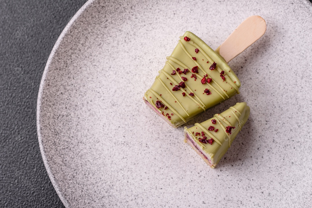 Delicioso cheesecake doce com frutas cobertas de glacê com uma vara de madeira sobre um fundo escuro de concreto