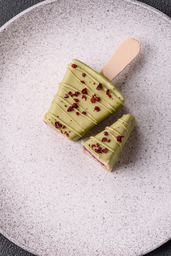 Delicioso cheesecake doce com frutas cobertas de glacê com uma vara de madeira sobre um fundo escuro de concreto