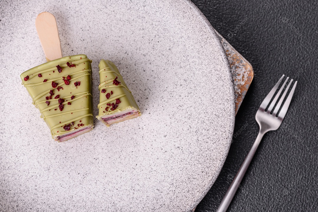 Delicioso cheesecake doce com frutas cobertas de glacê com uma vara de madeira sobre um fundo escuro de concreto