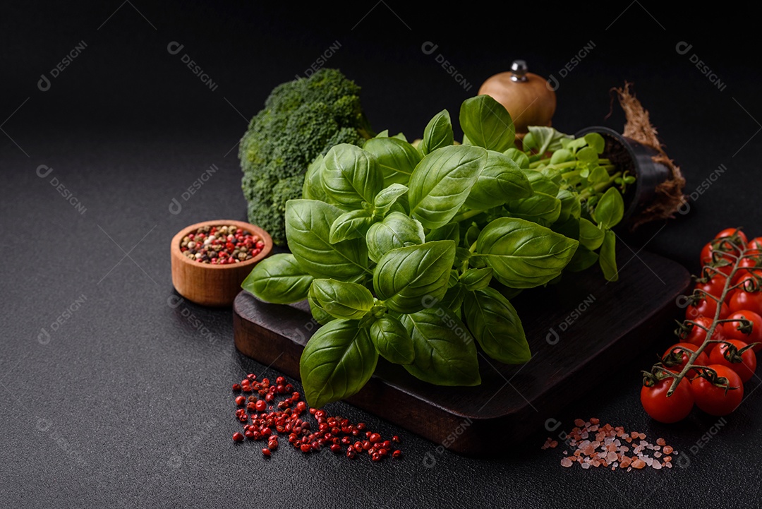 Manjericão de ervas frescas em forma de arbusto como ingrediente para cozinhar em casa sobre um fundo escuro de concreto