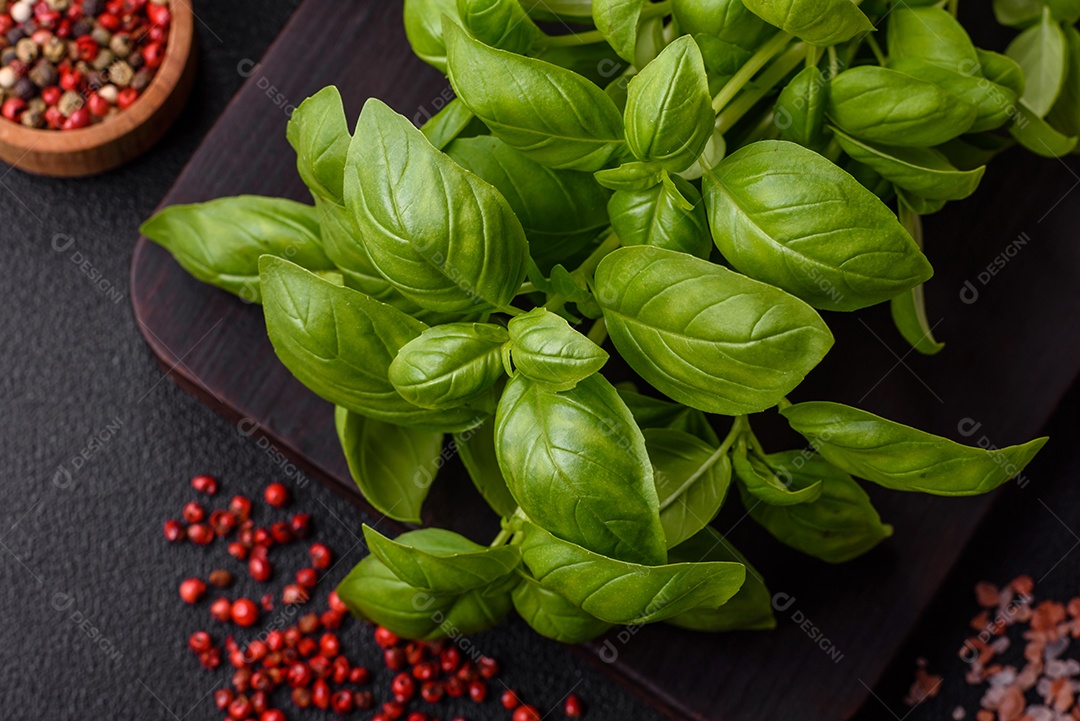 Manjericão de ervas frescas em forma de arbusto como ingrediente para cozinhar em casa sobre um fundo escuro de concreto