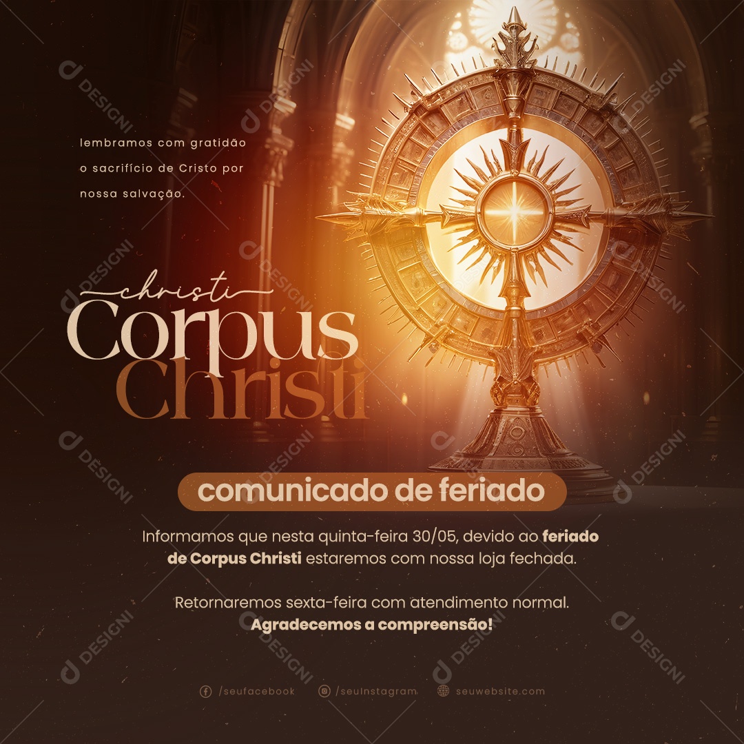 Corpus Christi 30 de Maio Lembramos com Gratidão Social Media PSD Editável