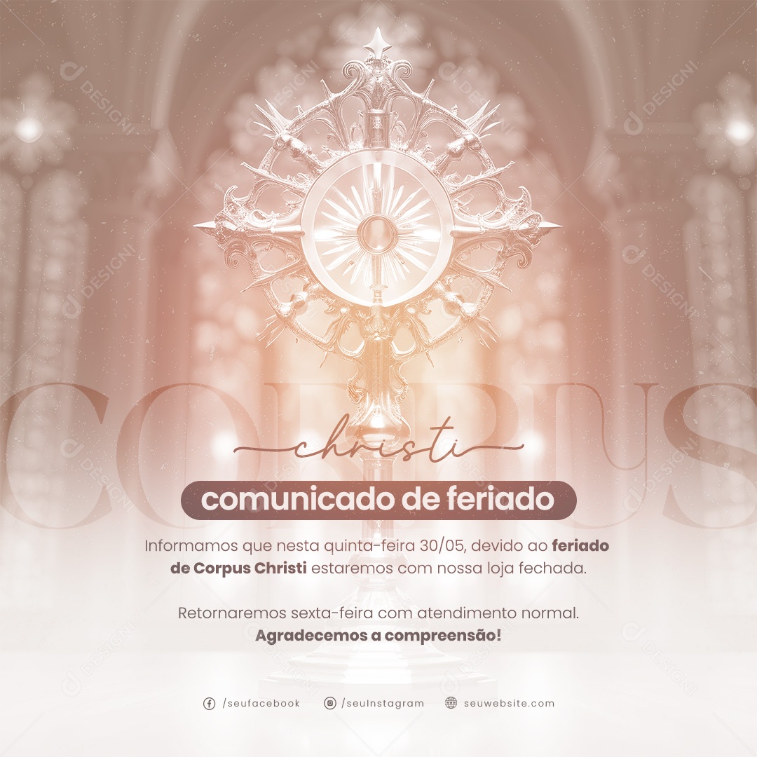 Corpus Christi 30 de Maio Comunicado de Feriado Social Media PSD Editável